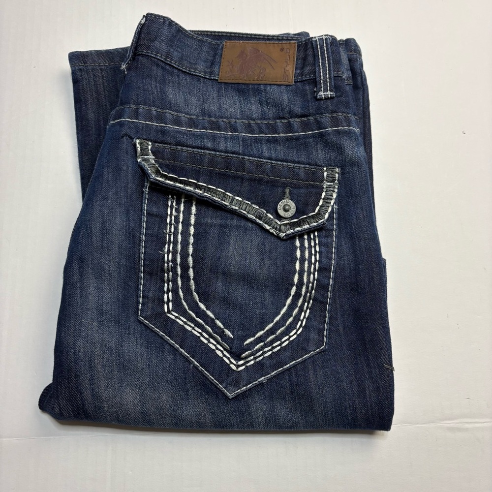 Stylo Men 34x30 Jeans Dark Blue Wash Denim Embroidered Flap Pockets Distressed